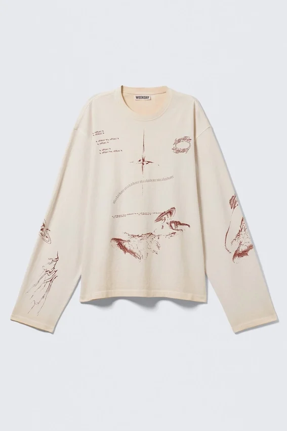 Top de manga larga con estampado y corte recto – Beige claro – Estampado urbano Top de manga larga con estampado y corte recto – Beige claro – Estampado urbano