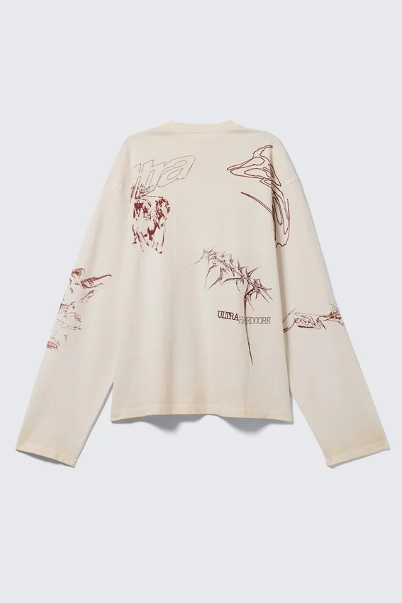 Top de manga larga con estampado y corte recto – Beige claro – Estampado urbano Top de manga larga con estampado y corte recto – Beige claro – Estampado urbano