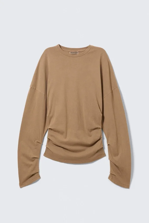 Top de manga larga con pliegues – Beige oscuro Top de manga larga con pliegues – Beige oscuro