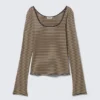 Top de manga larga, corte entallado y cuello redondo – Rayas beige/negro