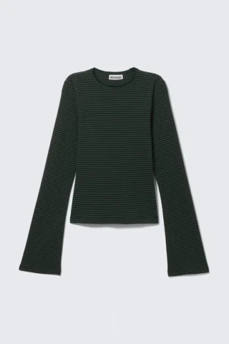Top de manga larga de algodón – Rayas verde oscuro