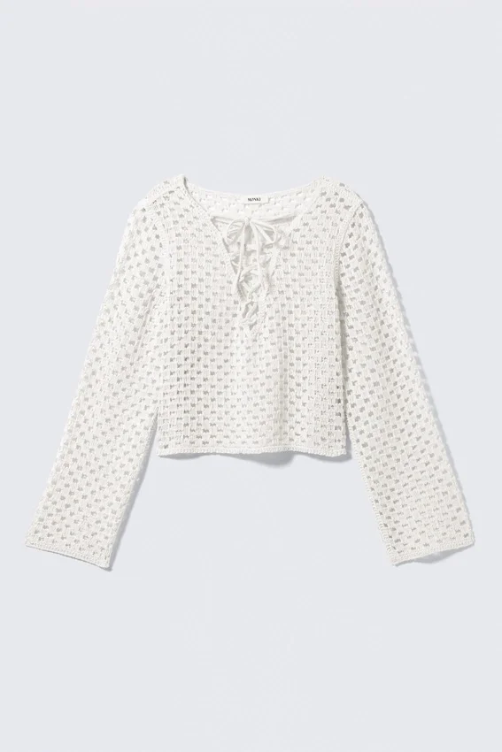 Top de manga larga de punto de ganchillo – Blanco Top de manga larga de punto de ganchillo – Blanco