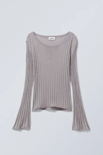 Top de manga larga de punto transparente Enora – Gris claro