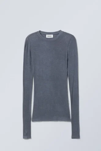 Top de manga larga suave y transparente – Azul empolvado
