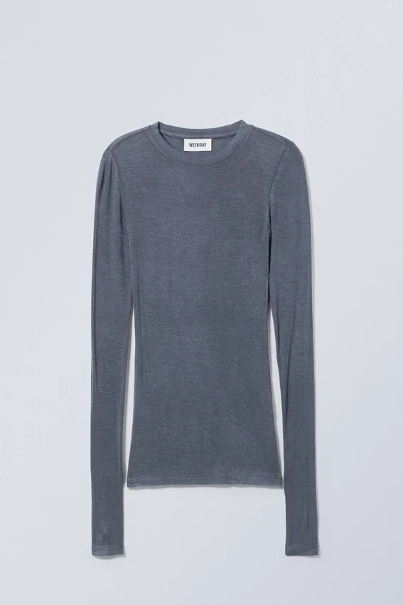 Top de manga larga suave y transparente – Azul empolvado Top de manga larga suave y transparente – Azul empolvado