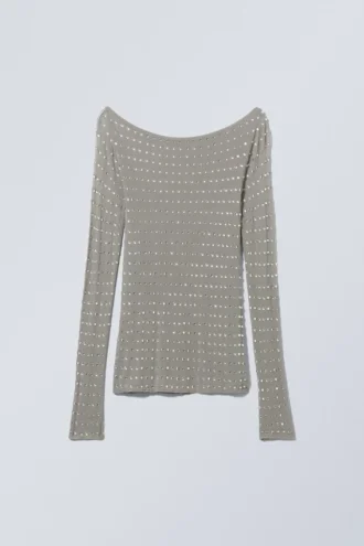 Top de manga larga transparente con pedrería – Gris empolvado