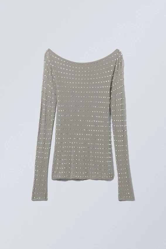 Top de manga larga transparente con pedrería – Gris empolvado Top de manga larga transparente con pedrería – Gris empolvado