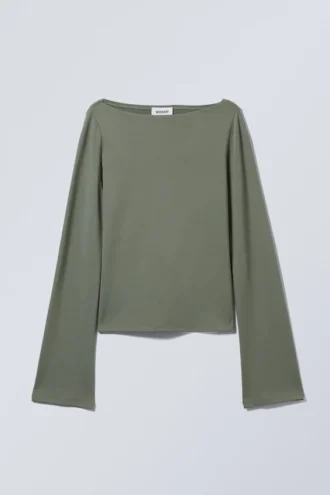 Top de manga larga y cuello barco Annie – Verde caqui apagado
