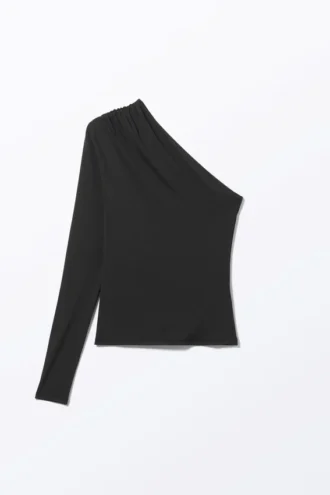 Top de nailon drapeado con un solo hombro – Negro
