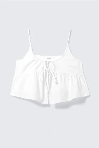 Top de pijama de popelín de algodón con lazo delantero – Blanco