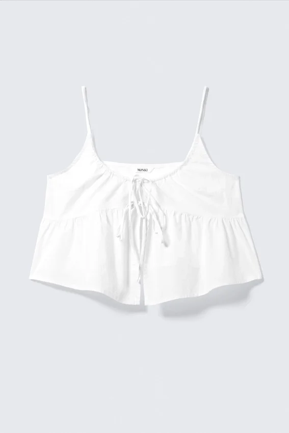 Top de pijama de popelín de algodón con lazo delantero – Blanco Top de pijama de popelín de algodón con lazo delantero – Blanco