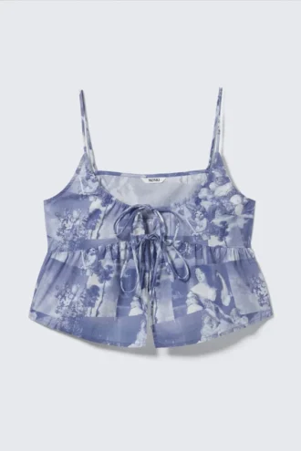 Top de pijama de popelín de algodón estampado con lazo delantero – Azul – Baroque Collage