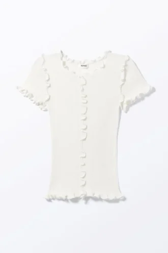 Top de punto acanalado con volantes – Blanco
