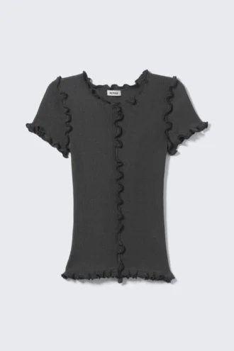 Top de punto acanalado con volantes – Gris oscuro