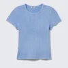 Top de punto calado de manga corta y tejido suave – Azul empolvado Top de punto calado de manga corta y tejido suave – Azul empolvado
