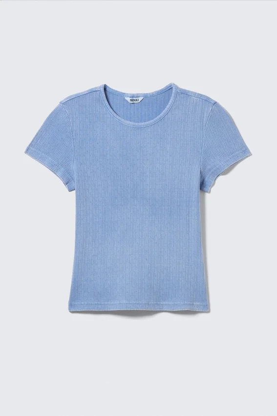 Top de punto calado de manga corta y tejido suave – Azul empolvado Top de punto calado de manga corta y tejido suave – Azul empolvado