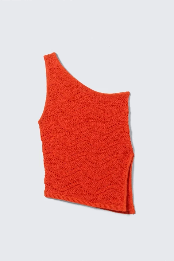 Top de punto con un solo hombro – Rojo brillante Top de punto con un solo hombro – Rojo brillante