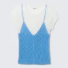Top de punto de manga corta con efecto de capas – Blanco y azul Top de punto de manga corta con efecto de capas – Blanco y azul