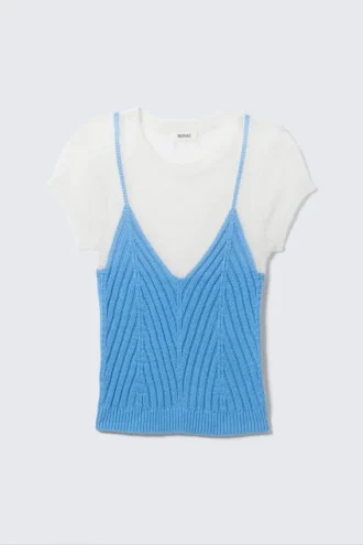 Top de punto de manga corta con efecto de capas – Blanco y azul