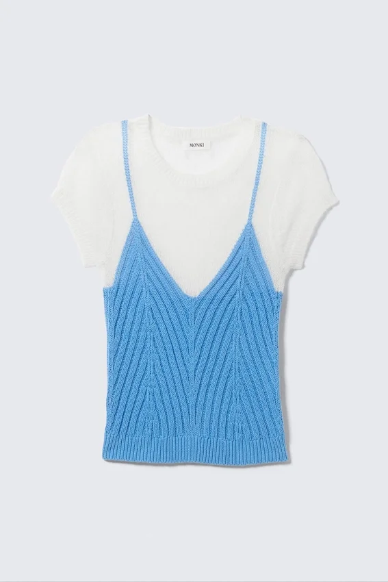 Top de punto de manga corta con efecto de capas – Blanco y azul Top de punto de manga corta con efecto de capas – Blanco y azul