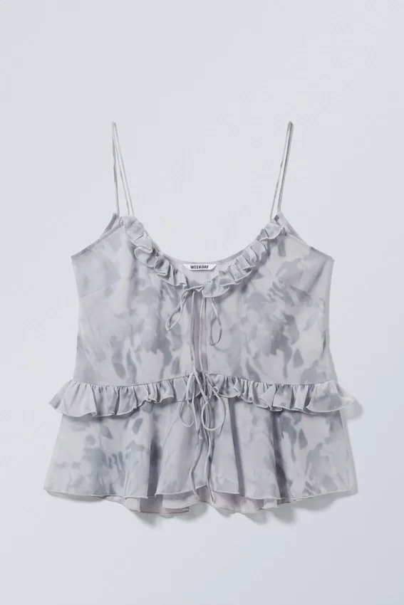 Top de tirantes con volantes – Gris empolvado – Mármol nublado Top de tirantes con volantes – Gris empolvado – Mármol nublado