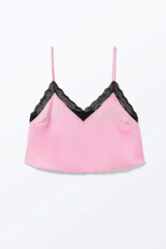 Top de tirantes de satén y encaje – Rosa – Encaje negro