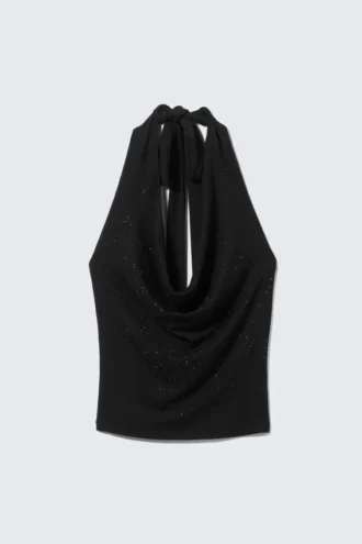 Top drapeado con cascada de pedrería – Negro