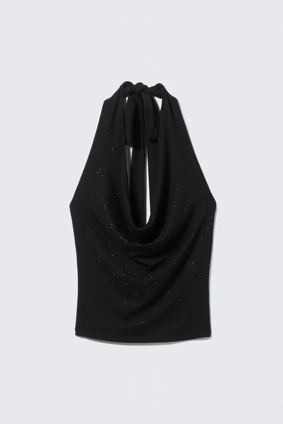 Top drapeado con cascada de pedrería – Negro Top drapeado con cascada de pedrería – Negro