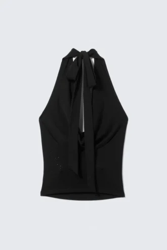 Top drapeado con cascada de pedrería – Negro