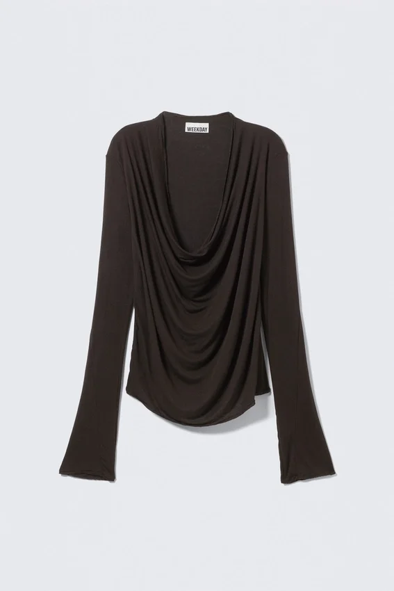 Top drapeado de manga larga – Marrón oscuro Top drapeado de manga larga – Marrón oscuro