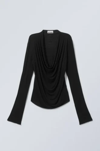 Top drapeado de manga larga – Negro