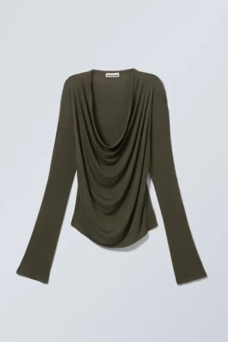Top drapeado de manga larga – Verde caqui oscuro