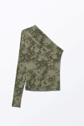 Top drapeado de nailon con un solo hombro – Verde caqui – Flores rociadas
