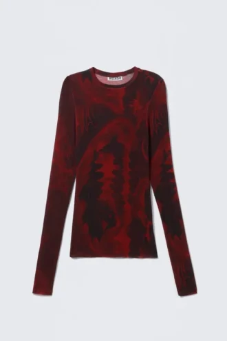 Top estampado de manga larga y corte entallado – Estampado de dragón rojo oscuro