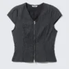 Top estructurado con cuello en V y cremallera – Azul oscuro Top estructurado con cuello en V y cremallera – Azul oscuro