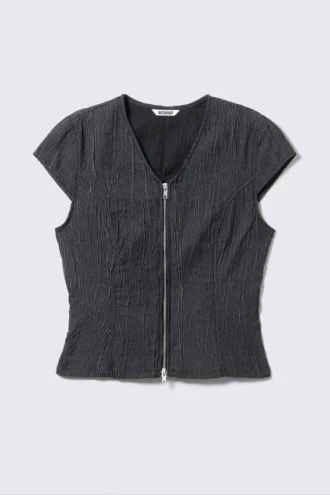 Top estructurado con cuello en V y cremallera – Azul oscuro