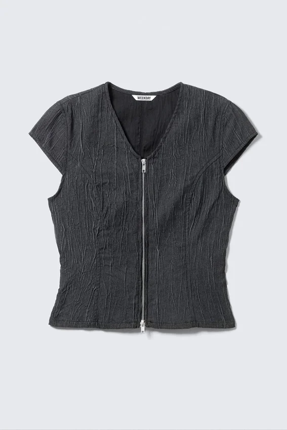 Top estructurado con cuello en V y cremallera – Azul oscuro Top estructurado con cuello en V y cremallera – Azul oscuro