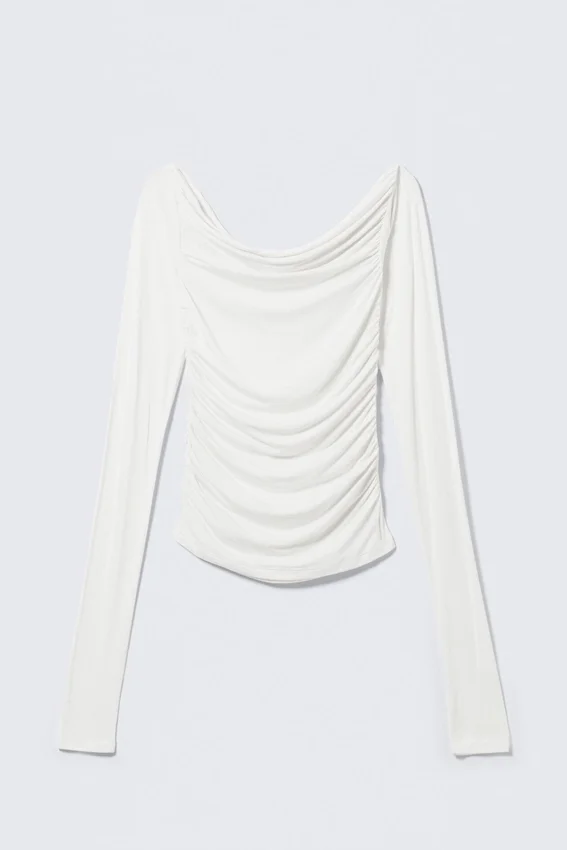 Top fruncido con hombros descubiertos y manga larga – Blanco Top fruncido con hombros descubiertos y manga larga – Blanco