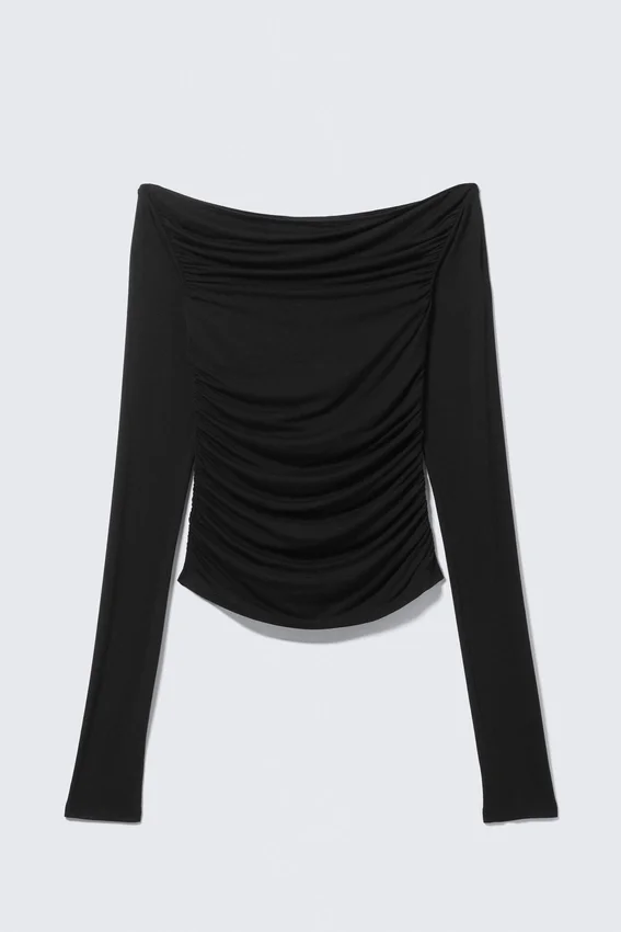 Top fruncido con hombros descubiertos y manga larga – Negro Top fruncido con hombros descubiertos y manga larga – Negro