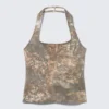 Top halter con cuello cuadrado estampado – Estampado verde caqui