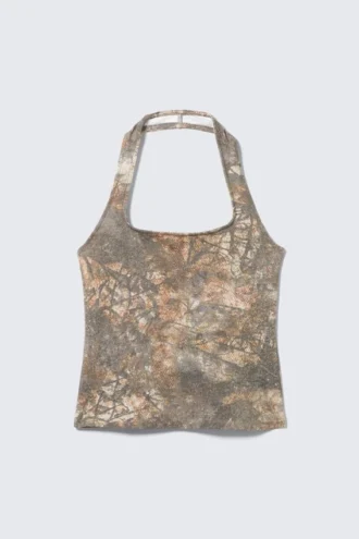 Top halter con cuello cuadrado estampado – Estampado verde caqui