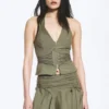 Top halter con cuello en V, cremallera y lazo en la cintura – Verde caqui Top halter con cuello en V, cremallera y lazo en la cintura – Verde caqui