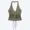 Top halter con cuello en V, cremallera y lazo en la cintura – Verde caqui Top halter con cuello en V, cremallera y lazo en la cintura – Verde caqui