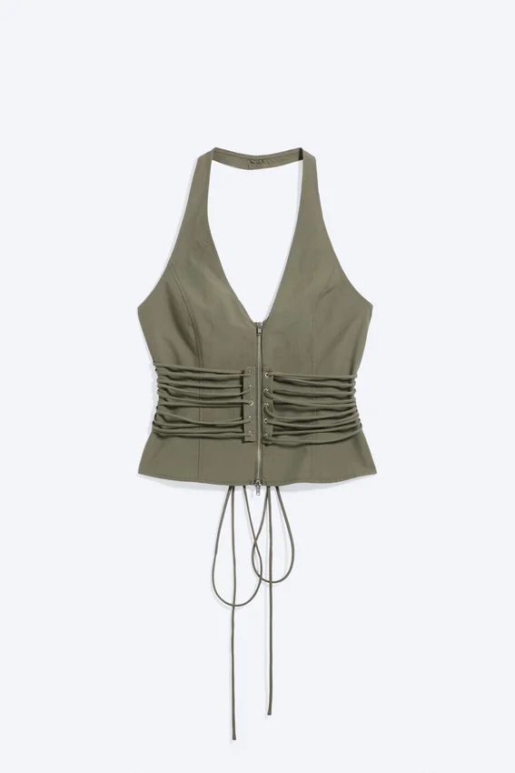 Top halter con cuello en V, cremallera y lazo en la cintura – Verde caqui Top halter con cuello en V, cremallera y lazo en la cintura – Verde caqui