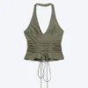 Top halter con cuello en V, cremallera y lazo en la cintura – Verde caqui Top halter con cuello en V, cremallera y lazo en la cintura – Verde caqui