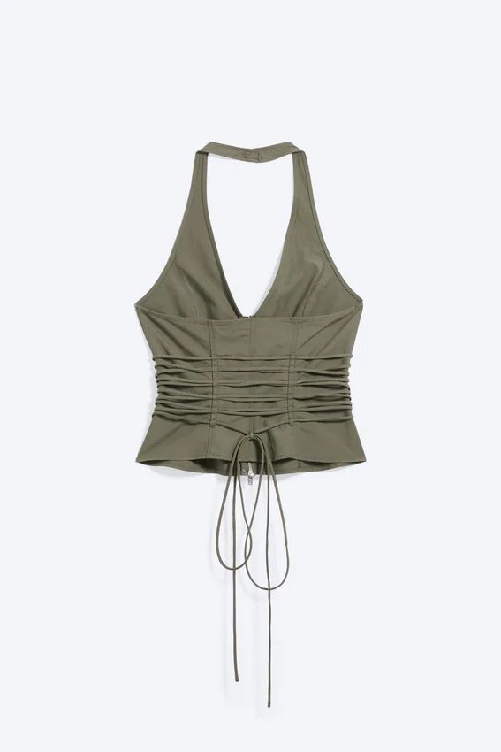 Top halter con cuello en V, cremallera y lazo en la cintura – Verde caqui Top halter con cuello en V, cremallera y lazo en la cintura – Verde caqui