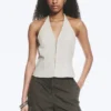 Top halter con cuello en V de ripstop – Beige claro