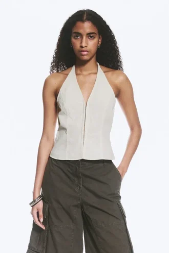 Top halter con cuello en V de ripstop – Beige claro