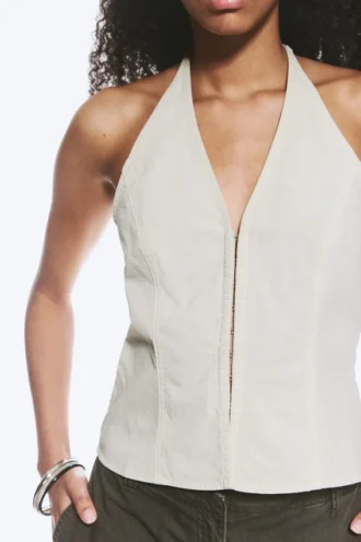 Top halter con cuello en V de ripstop – Beige claro
