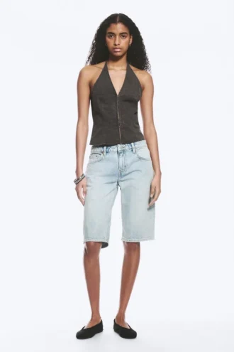 Top halter con cuello en V de tejido ripstop – Gris oscuro